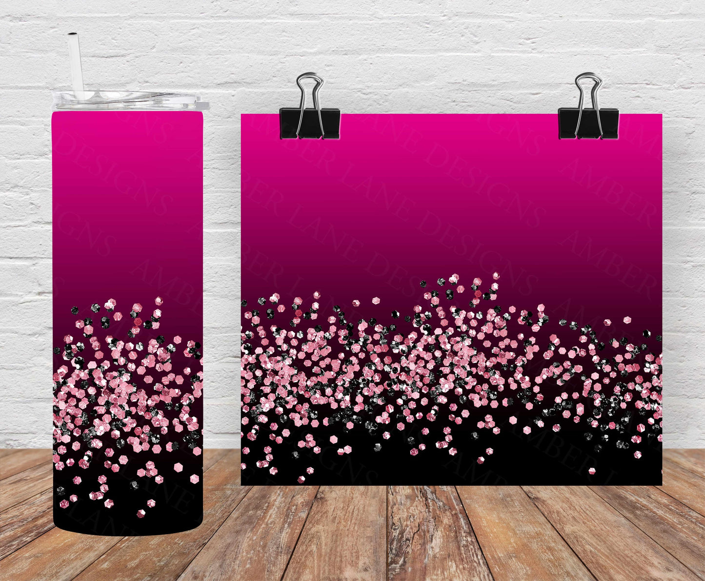 Pink and Black ombre glitter tumbler 20oz SKINNY TUMBLER straight wrap 1 jpeg file