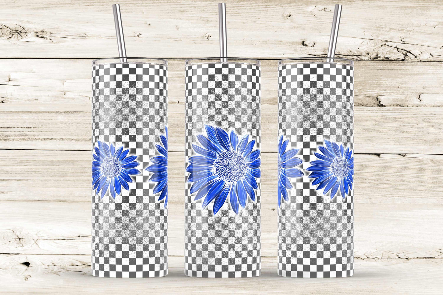 Blue retro Sunflowers on checkered background 20oz SKINNY TUMBLER straight wrap 1 jpeg file