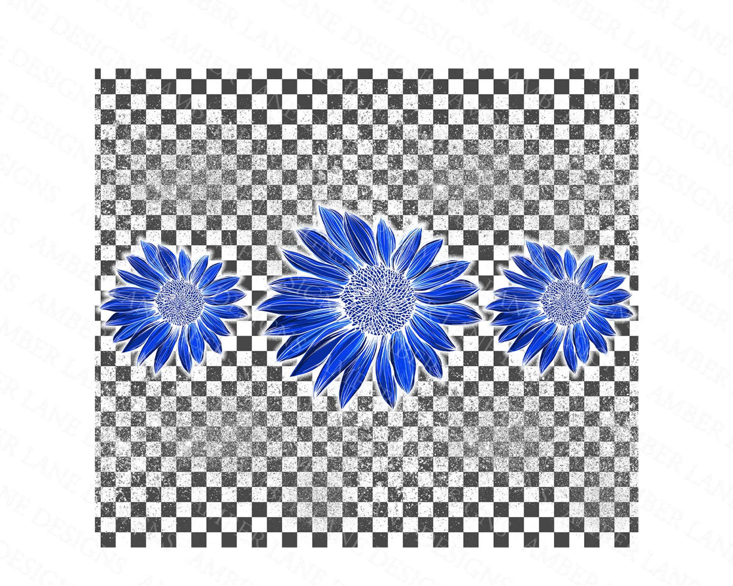 Blue retro Sunflowers on checkered background 20oz SKINNY TUMBLER straight wrap 1 jpeg file