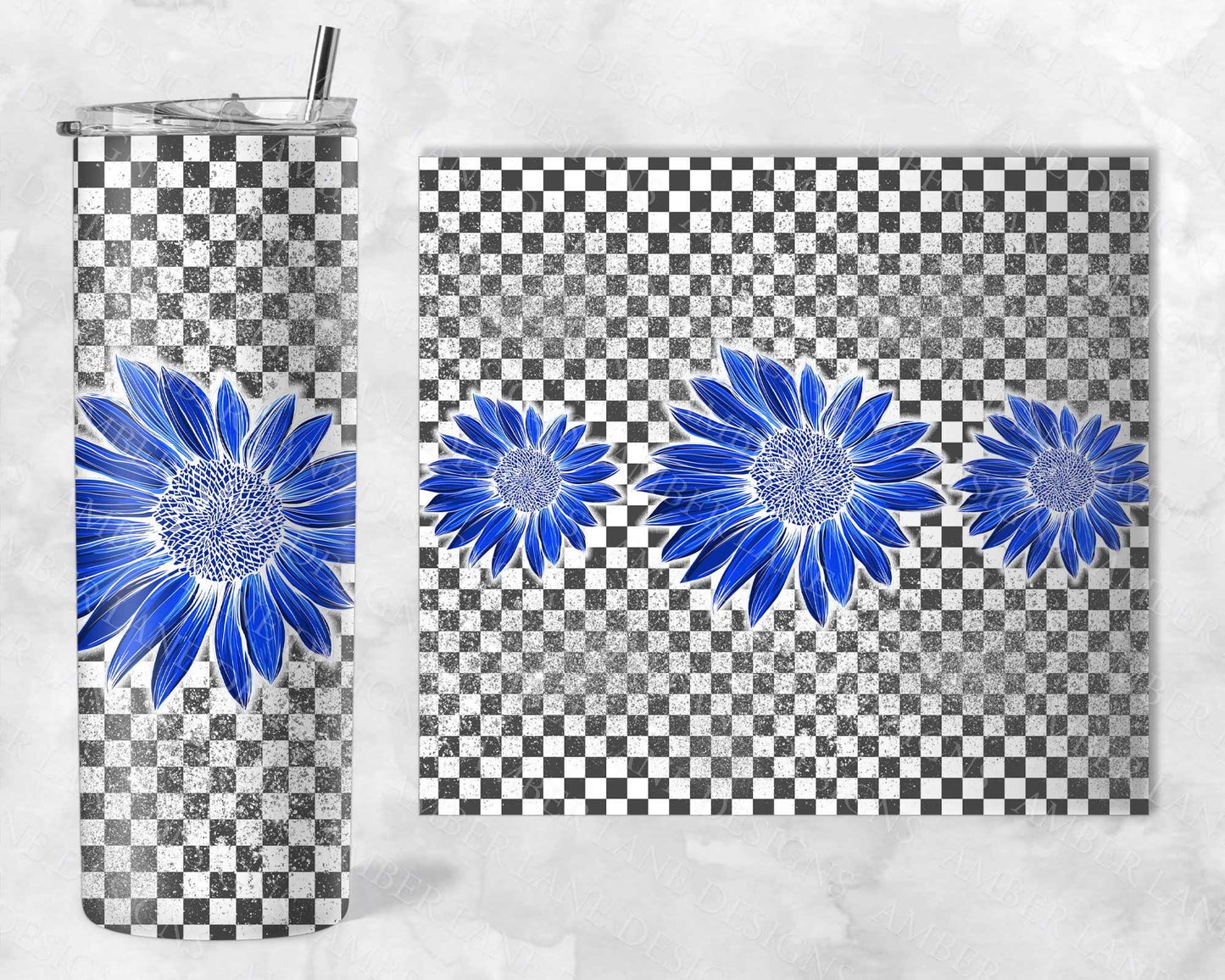Blue retro Sunflowers on checkered background 20oz SKINNY TUMBLER straight wrap 1 jpeg file