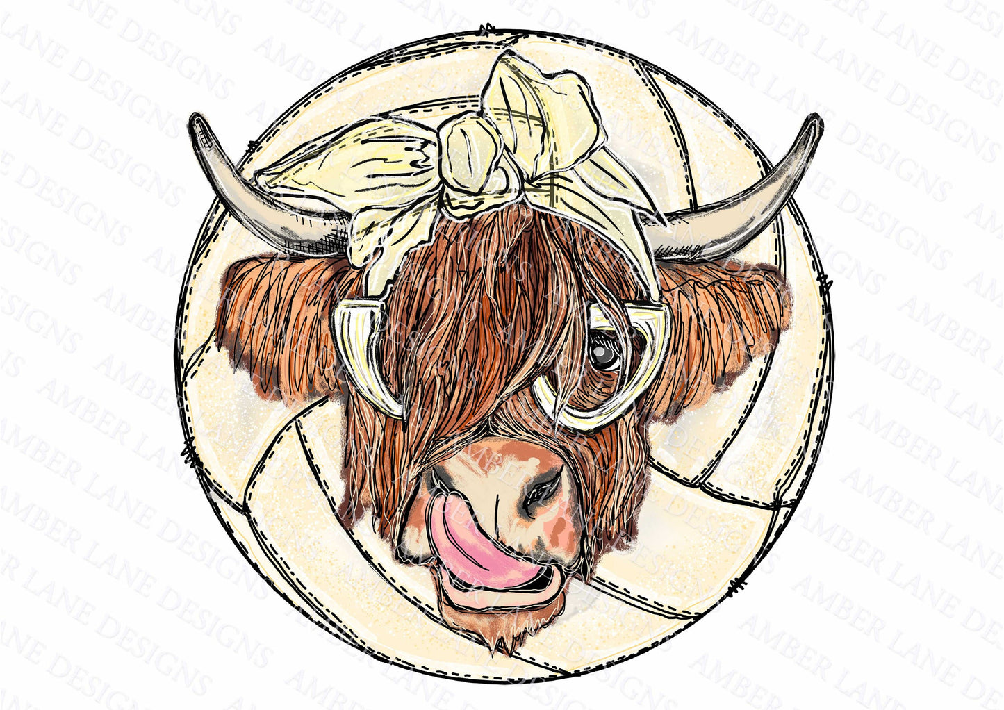 Volleyball highland cow bandana and glasses PNG | Hand Drawn | Sublimation PNG |