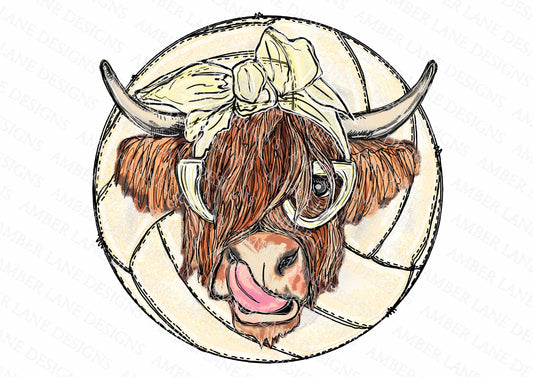 Volleyball highland cow bandana and glasses  PNG | Hand Drawn | Sublimation PNG |