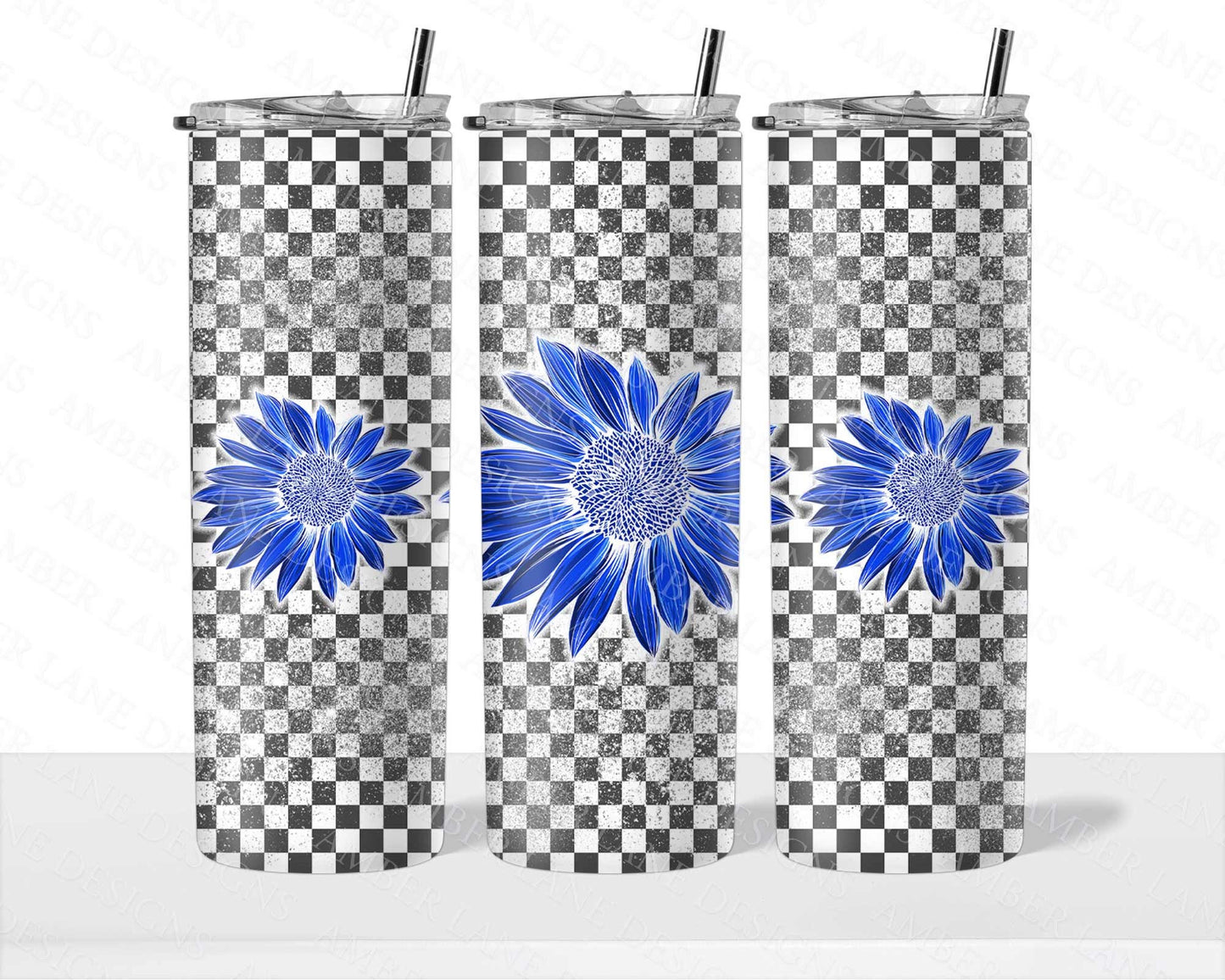 Blue retro Sunflowers on checkered background 20oz SKINNY TUMBLER straight wrap 1 jpeg file