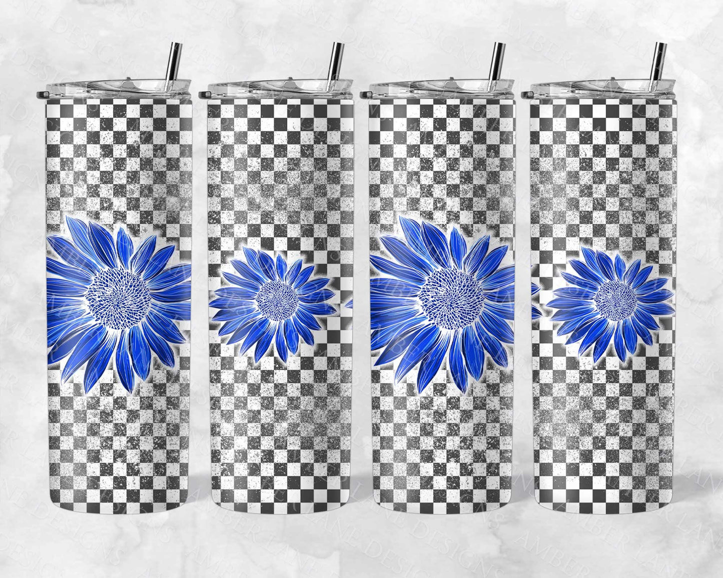 Blue retro Sunflowers on checkered background 20oz SKINNY TUMBLER straight wrap 1 jpeg file