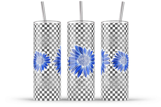 Blue retro Sunflowers on checkered background 20oz SKINNY TUMBLER straight wrap 1 jpeg file