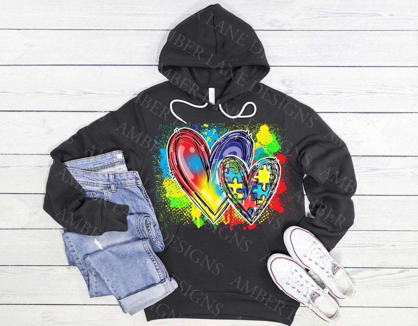 Autism puzzle hearts with paint splats png file