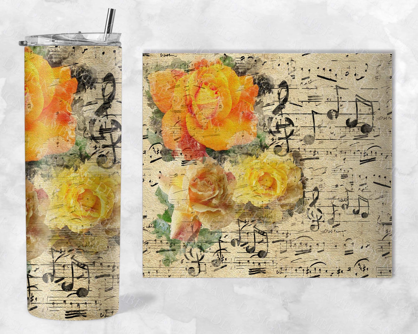 Vintage Music notes with Orange and Yellow roses 20oz SKINNY TUMBLER straight wrap 1 jpeg file