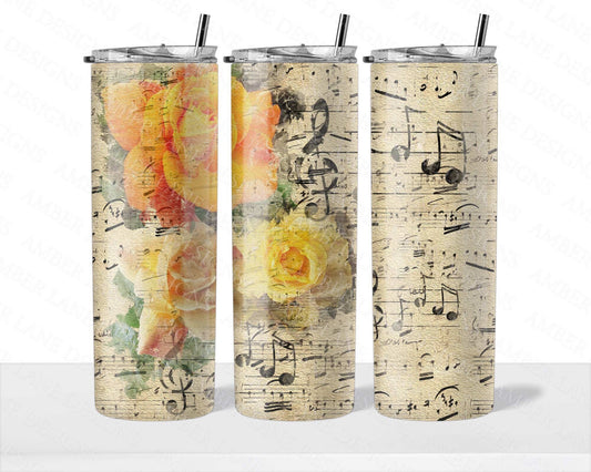 Vintage Music notes with Orange and Yellow roses 20oz SKINNY TUMBLER straight wrap 1 jpeg file