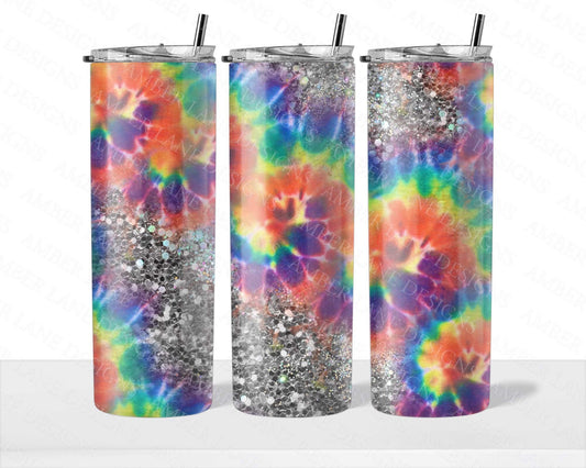Tie dye Rainbow glitter 20oz SKINNY TUMBLER bundle straight wrap 1 jpeg file