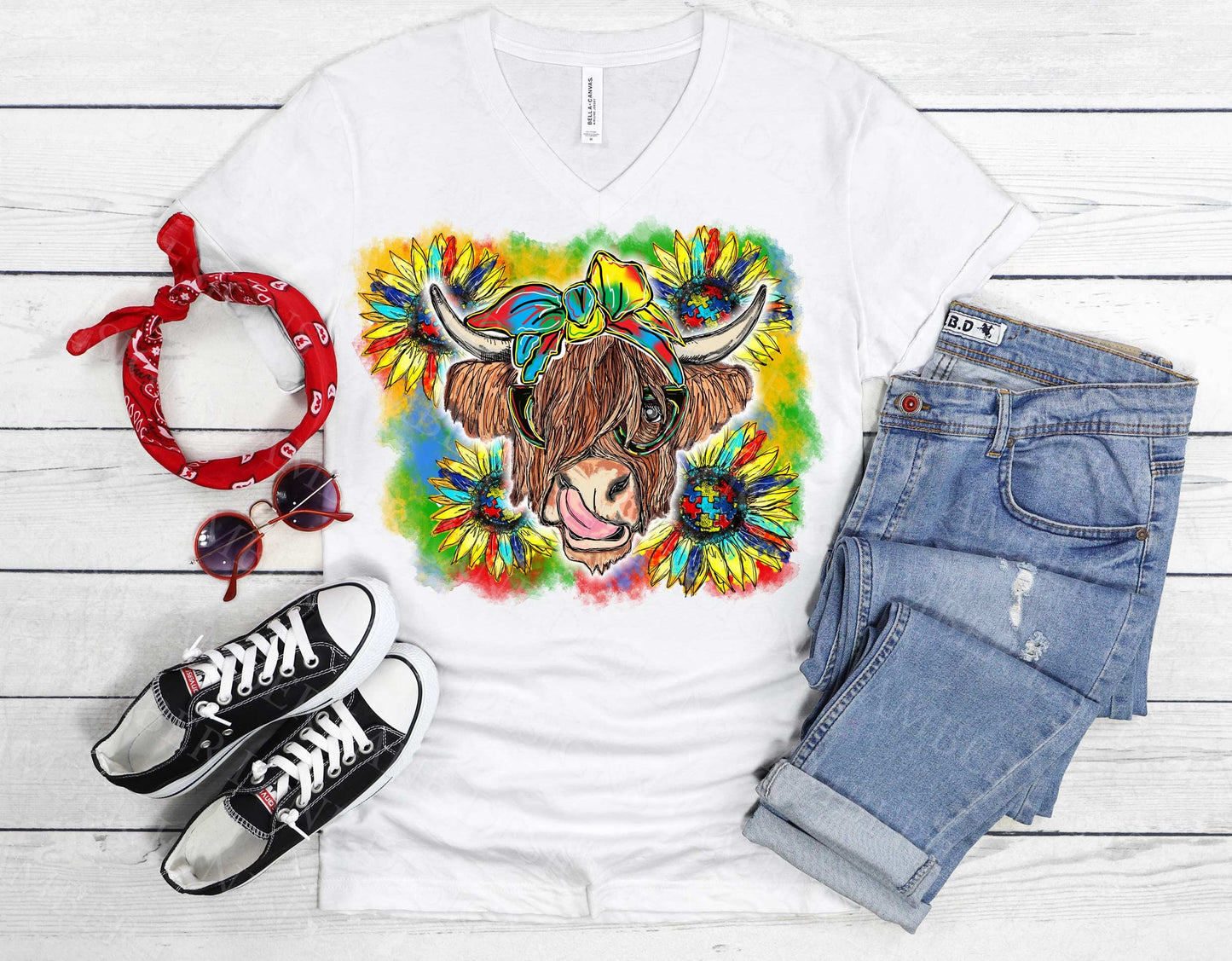 Autism Highland Cow bandana and glasses PNG file