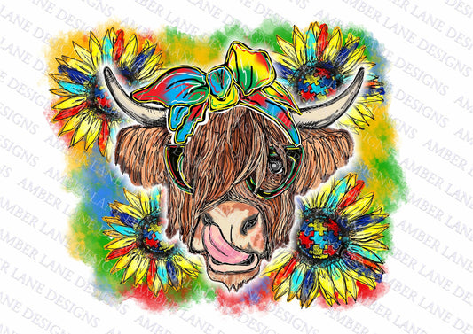 Autism Highland Cow bandana and glasses PNG file