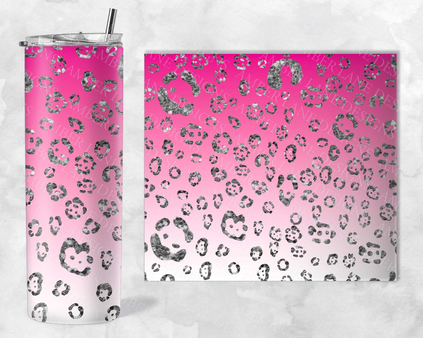 Pink ombre glitter leopard watercolor 20oz SKINNY TUMBLER straight wrap 1 jpeg file