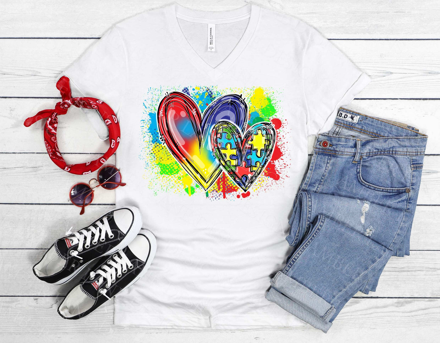 Autism puzzle hearts with paint splats png file