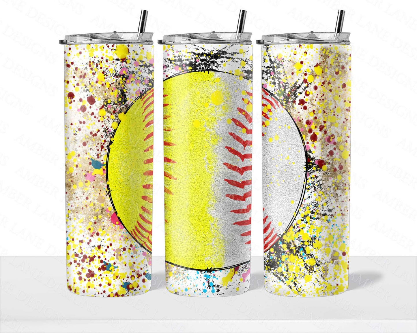 Softball Baseball splatter 20oz SKINNY TUMBLER straight wrap 1 jpeg file