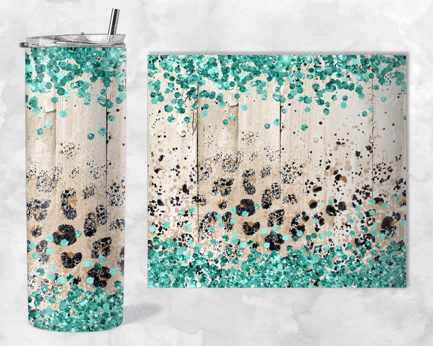 Teal leopard wood 20oz SKINNY TUMBLER straight wrap 1 jpeg file