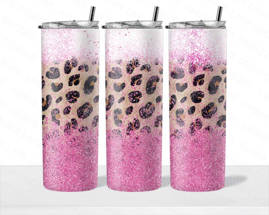 Pink Leopard glitter and spray paint splats 20oz SKINNY TUMBLER straight wrap 1 jpeg file