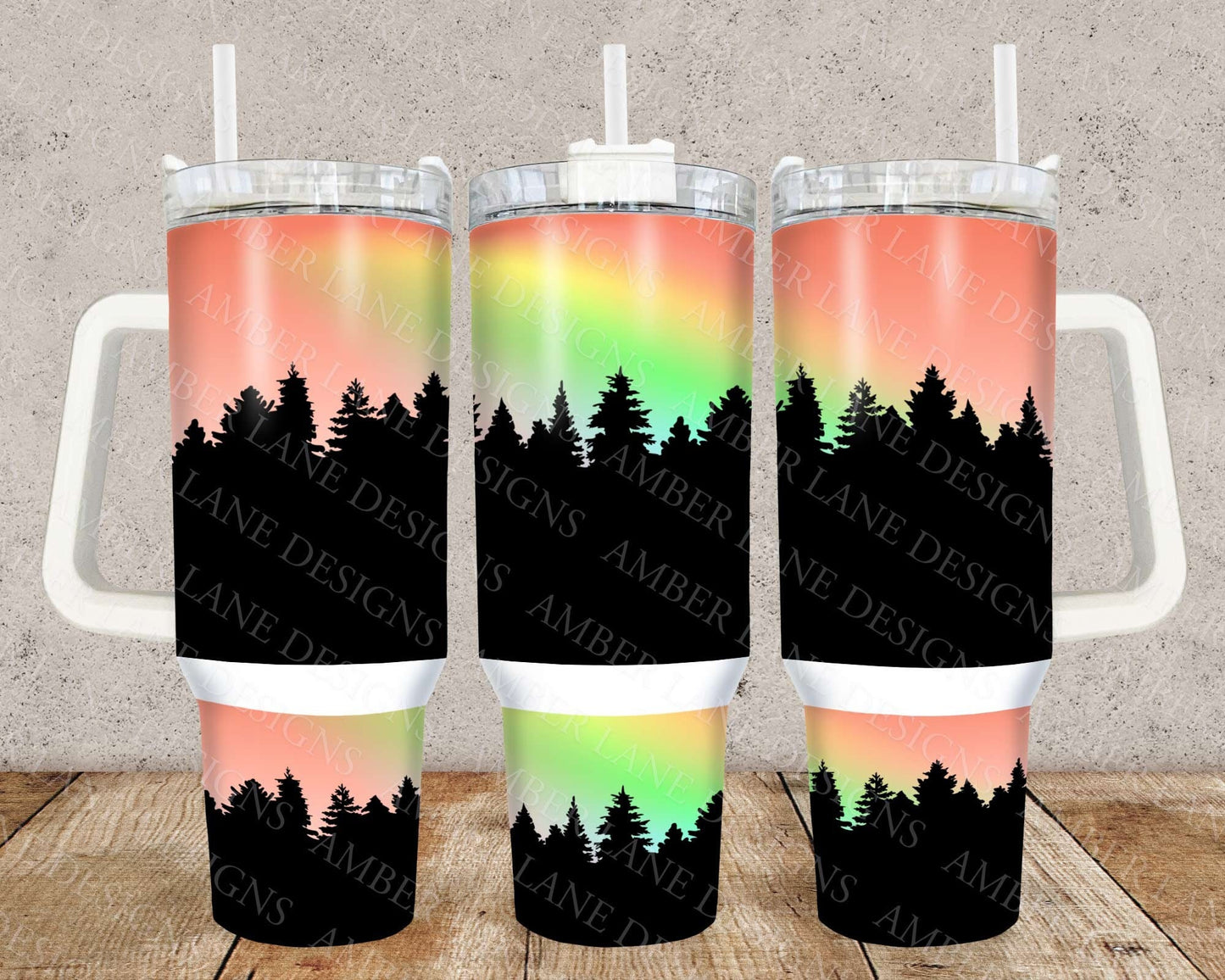 Forest Silhouette Rainbow Sunset 40oz TUMBLER Two Piece tumbler sublimation wrap png digital files