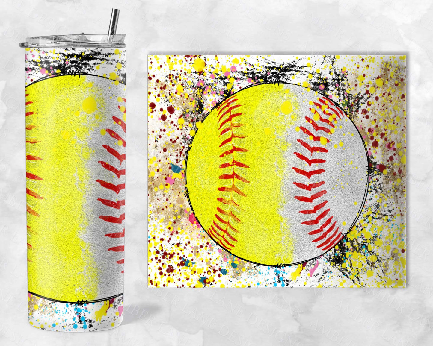 Softball Baseball splatter 20oz SKINNY TUMBLER straight wrap 1 jpeg file