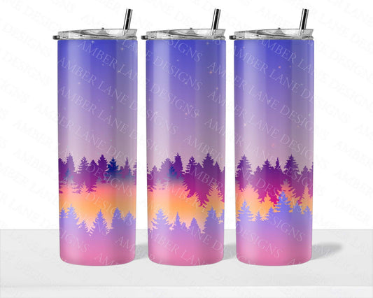 Purple Haze Autumn Elegance Artistic Fusion: Purple and Gold Paint Delight Forset Trees Silhouette night sky 20oz