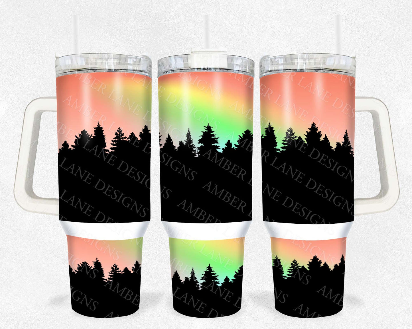 Forest Silhouette Rainbow Sunset 40oz TUMBLER Two Piece tumbler sublimation wrap png digital files