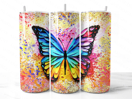Rainbow 3D oil paint Butterfly 20oz SKINNY TUMBLER wrap