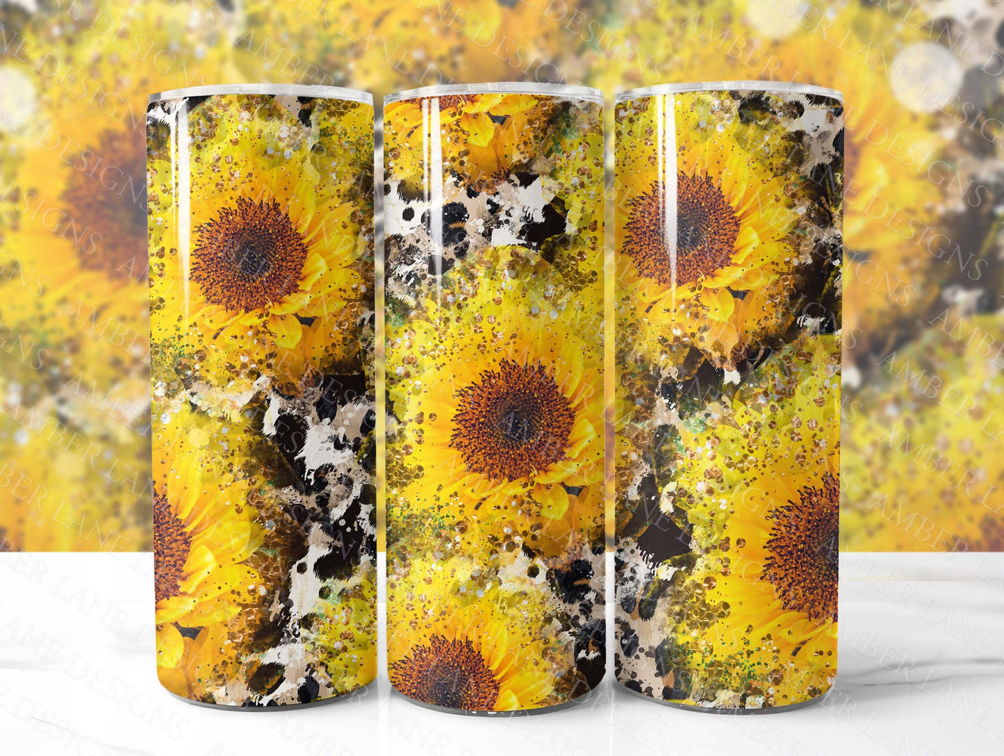 Sunflower glitter and Cowprint 20oz SKINNY TUMBLER straight wrap 1 jpeg file