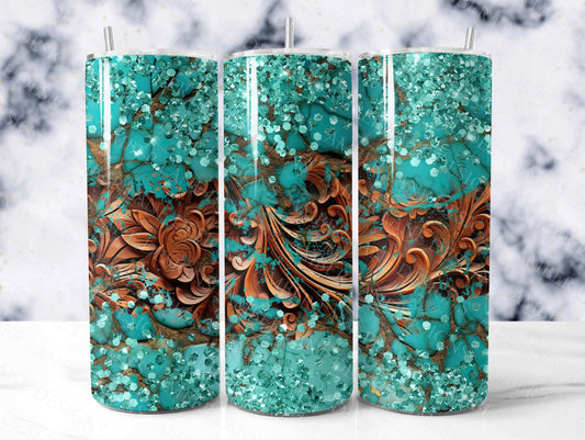 Western Carved wood and Turquoise With Teal Glitter 20oz SKINNY TUMBLER wrap