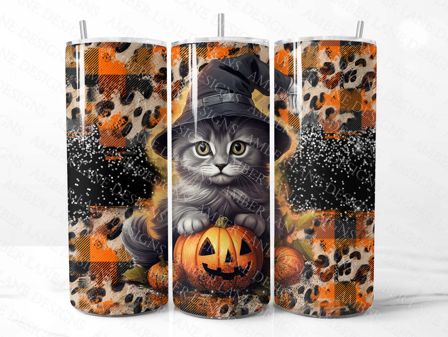 Cute Halloween kittten with Witches hat 20oz SKINNY TUMBLER wrap