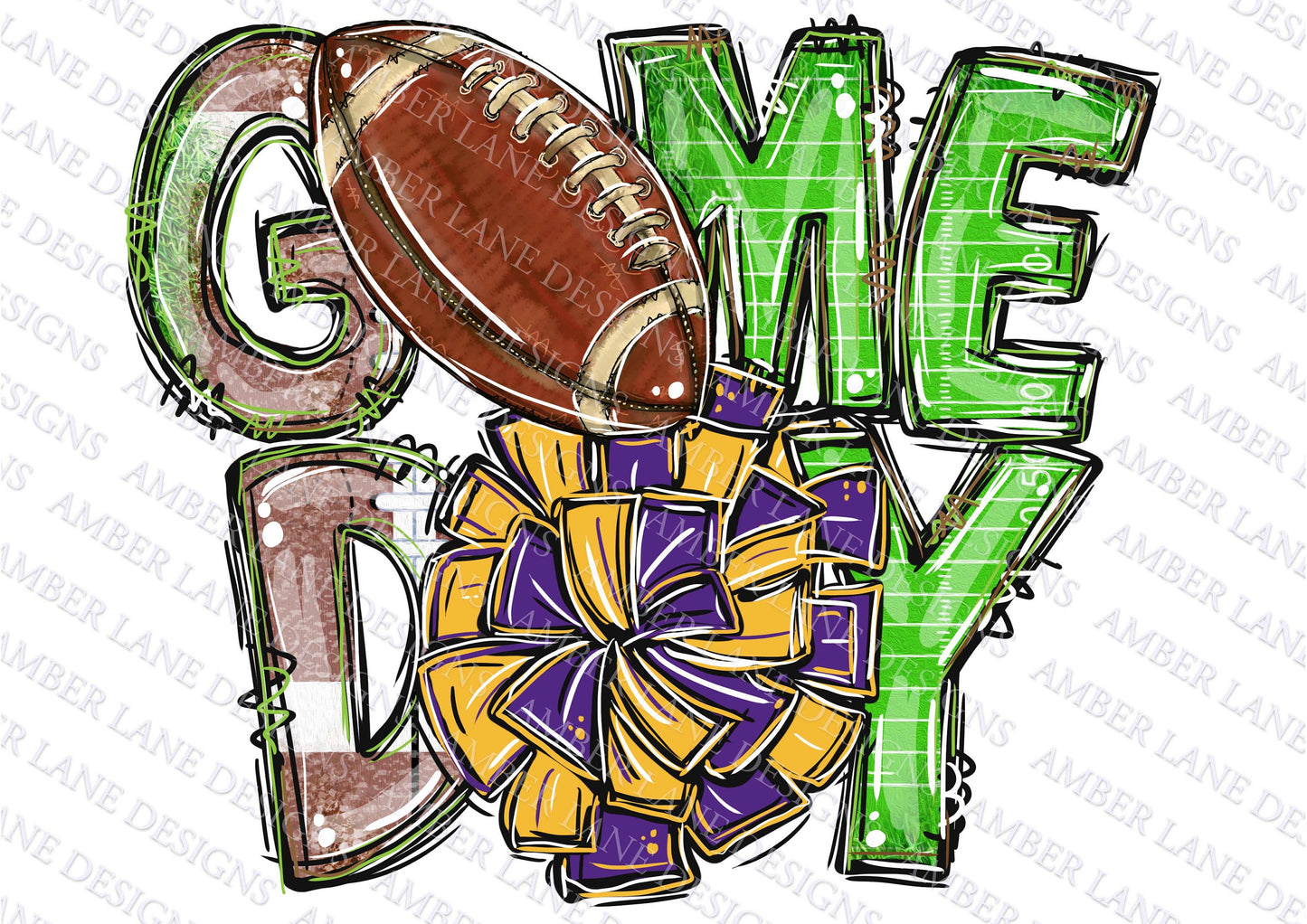 Game Day Football cheerleader pom pom in gold and purple, team colors png file