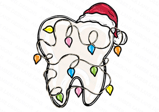 Tooth with Santa hat and and Christmas Fairy lights, dentist png, dental nurse digital file