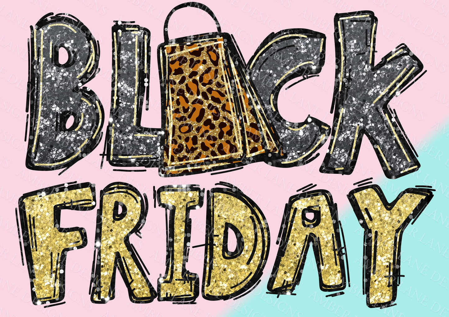 Black Friday glitter text with leopard shopping bag, png file