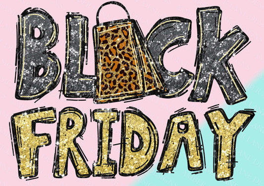 Black Friday glitter text with leopard shopping bag, png file