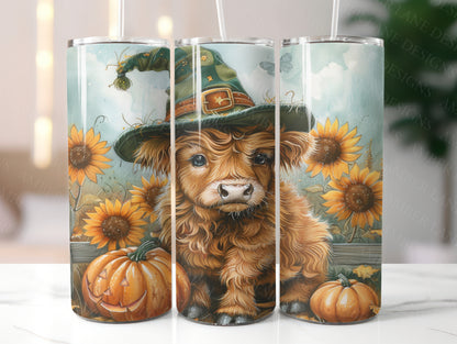 Baby Highland Cow in witches hat 20oz SKINNY TUMBLER straight wrap 1 jpeg file -not seamless