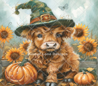 Baby Highland Cow in witches hat 20oz SKINNY TUMBLER straight wrap 1 jpeg file -not seamless