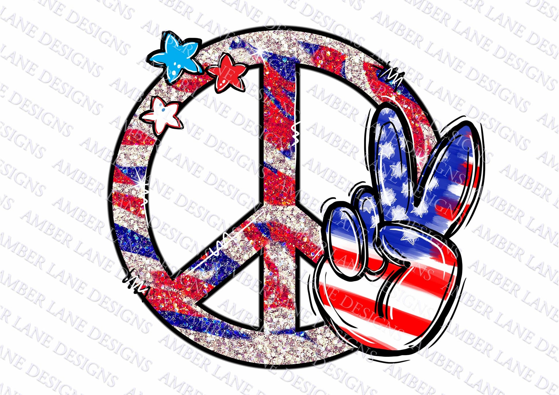 Glitter peace sign with peace hand, Patriotic 4th July Red white and Blue, png file