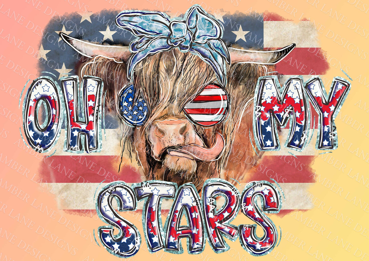 Oh My Stars Highland Cow with sunglasses, USA 4th of July PNG