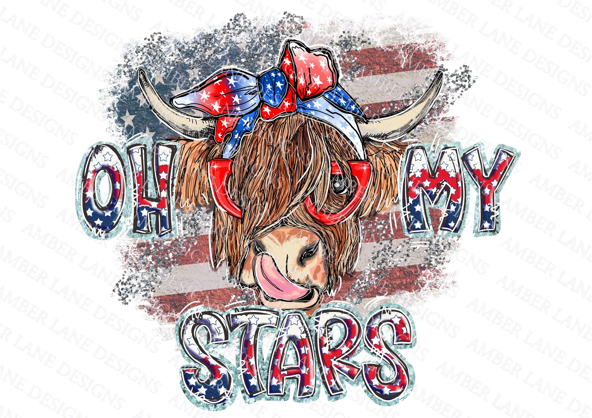 Oh My Stars Highland Cow bandana and sunglasses, USA 4th of July PNG