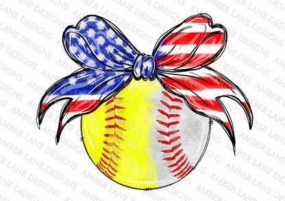 Baseball Softball with American flag Coquette bow, USA 4th of July bow PNG