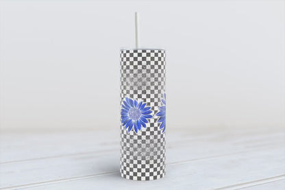 Blue retro Sunflowers on checkered background 20oz SKINNY TUMBLER straight wrap 1 jpeg file