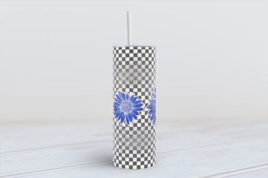 Blue retro Sunflowers on checkered background 20oz SKINNY TUMBLER straight wrap 1 jpeg file