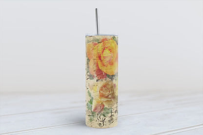 Vintage Music notes with Orange and Yellow roses 20oz SKINNY TUMBLER straight wrap 1 jpeg file