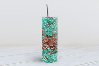 Western Carved wood and Turquoise With Teal Glitter 20oz SKINNY TUMBLER wrap