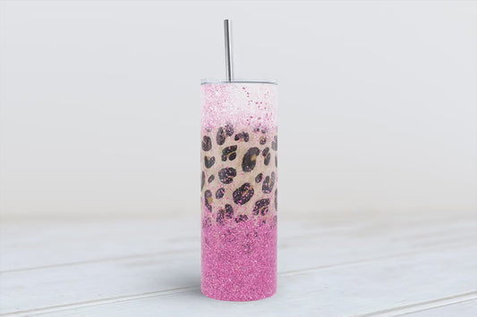 Pink Leopard glitter and  spray paint splats 20oz SKINNY TUMBLER straight wrap 1 jpeg file