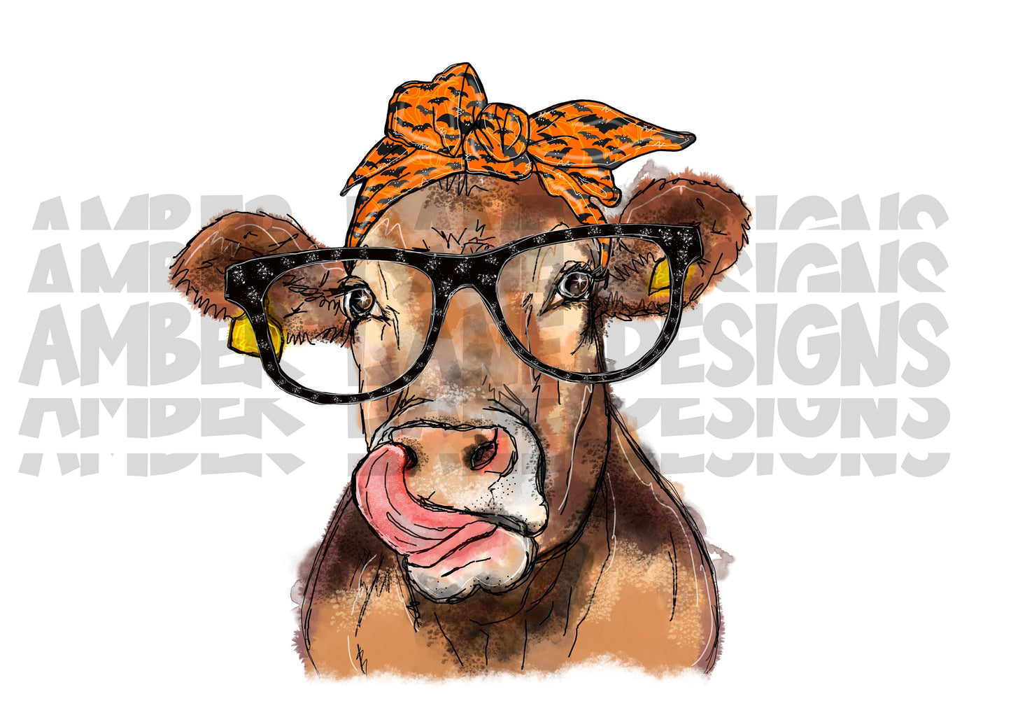Cow Lick With Halloween Bandana and Glasses Png, Heifer png, Sublimation file, Hand drawn tumbler wrap
