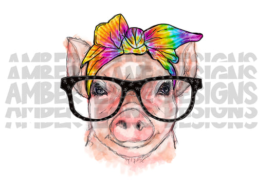 Pig with Glasses And Tie Dye Bandana PNG | Hand Drawn | Sublimation PNG |