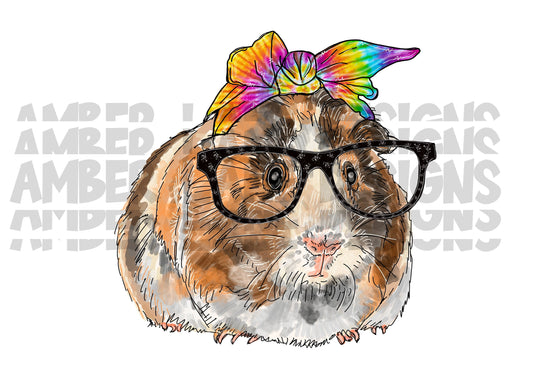 Guinea pig With Glasses And Tie Dye Bandana png | Hand Drawn | Sublimation PNG |