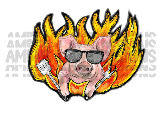Pig BBQ Cooking PNG |  Flames | Cute pig png| Hand Drawn  |