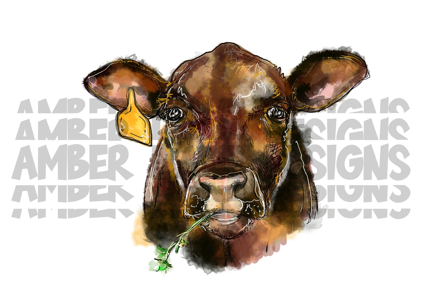 Cow with Ear Tag PNG | Hand Drawn watercolor | Sublimation PNG |  tumbler wrap