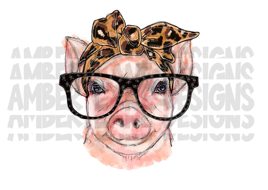 Pig with Glasses And Leopard Bandana PNG | Hand Drawn | Sublimation PNG |