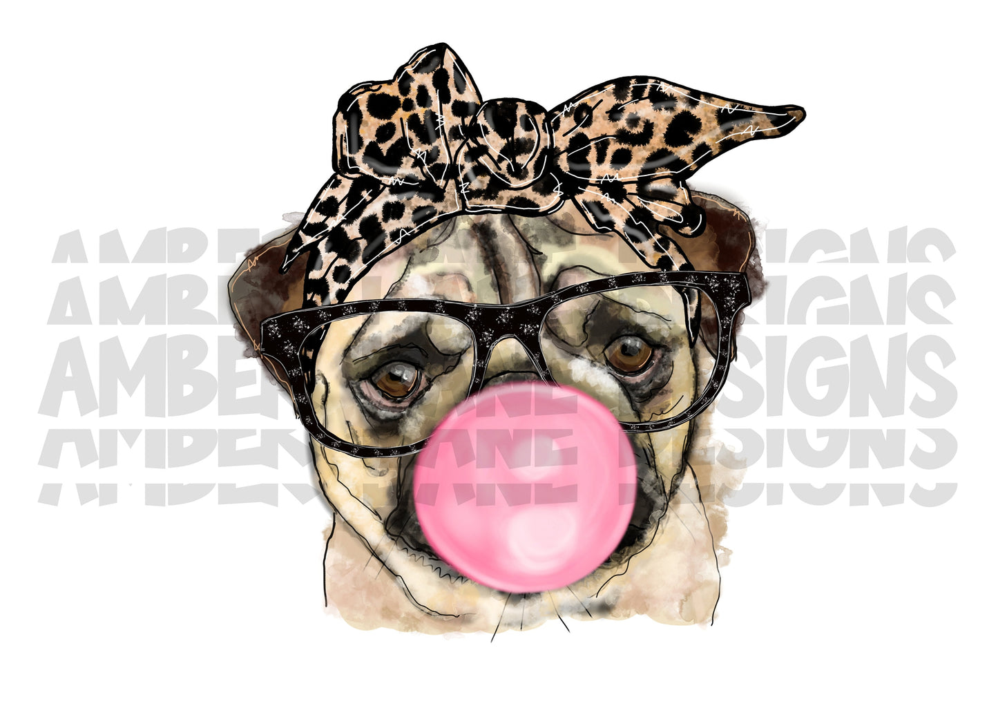 Pug dog with bubblegum, glasses and leopard bandana Png Sublimation digital file.